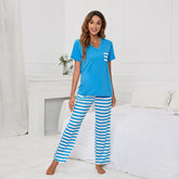 Einfarbiger V-Ausschnitt T-Shirt-Druck Gestreifter Freizeitanzug Homewear-Pyjama